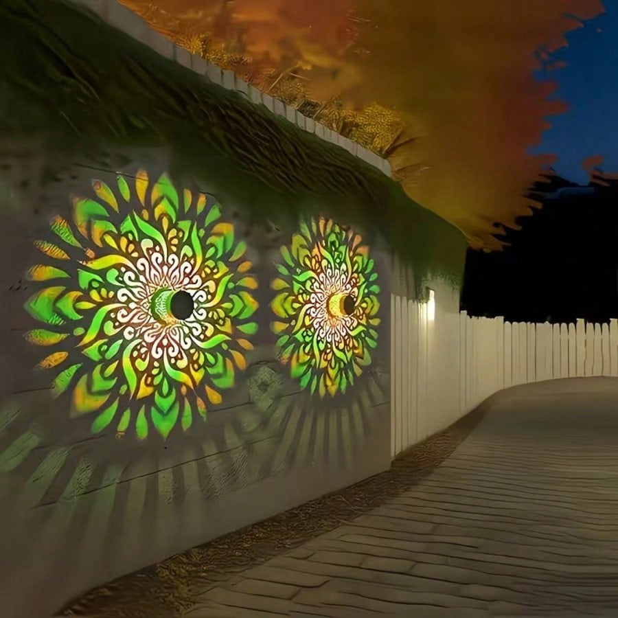 2Pcs Solar-Powered Mandala Metal Hollow Outdoor Wall Lamp, Outdoor Garden Solar Lamp