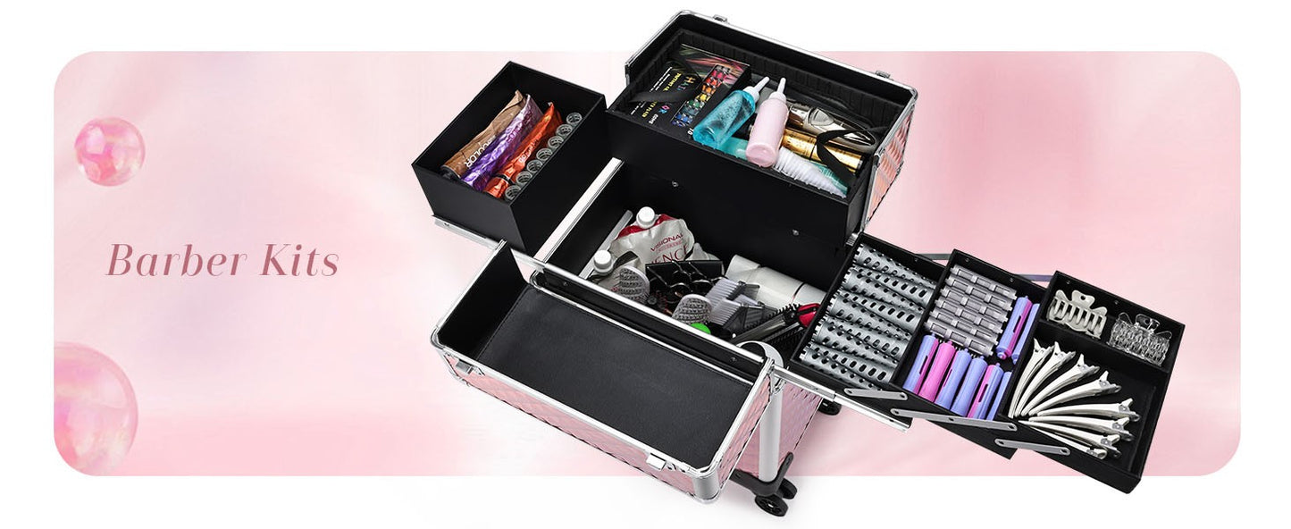 Maleta de Maquiagem com Rodinhas Grande Armazenamento Carrinho de Cosméticos 4 Bandejas com Trilho Deslizante Removível com Chave Rodas Baú de Viagem