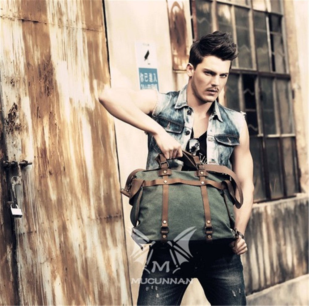 Vintage Military Canvas + Genuine Leather Men Shoulder Bag Sling Crossbody Bag Tote Handbag Men Canvas Messenger Bag  Leisure