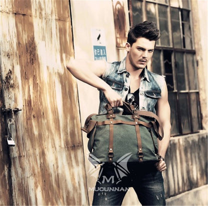 Vintage Military Canvas + Genuine Leather Men Shoulder Bag Sling Crossbody Bag Tote Handbag Men Canvas Messenger Bag  Leisure