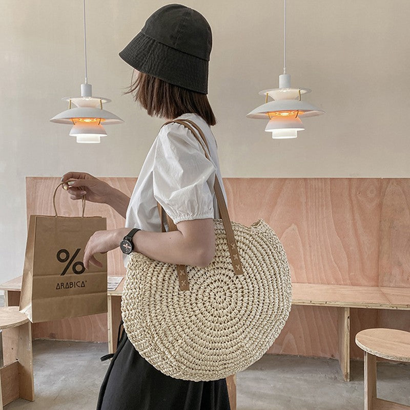 Summer Round Straw Bags for Women Rattan Shoulder Bag Travel Handmade Woven Beach Handbags Female Large Capacity Totes Bag