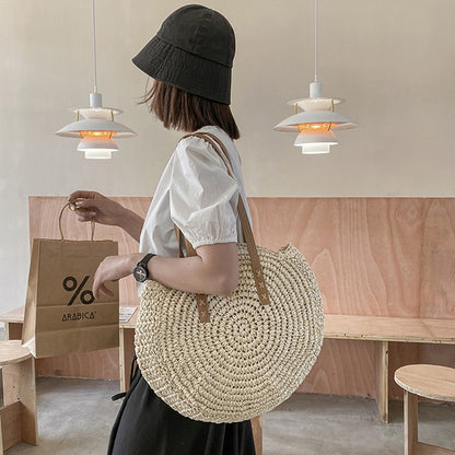 Summer Round Straw Bags for Women Rattan Shoulder Bag Travel Handmade Woven Beach Handbags Female Large Capacity Totes Bag