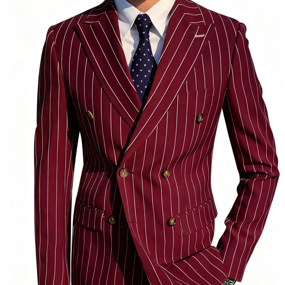 Men's Brown Striped Blazer Double Breasted Jacket Peak Lapel Spring New Style Male Outerwear