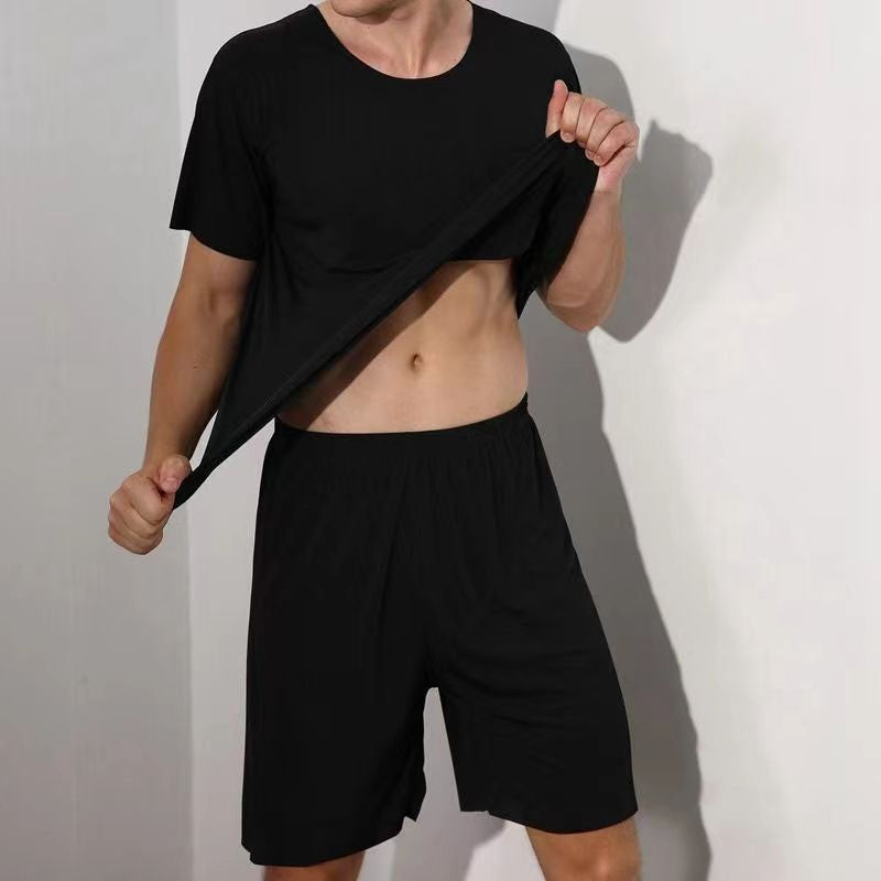 Large Size Men Pajamas Set Ice Silk Sense Round Neck Solid Colour Short Sleeve T-Shirt Student Short Sleeve Shorts Two-Piece Set
