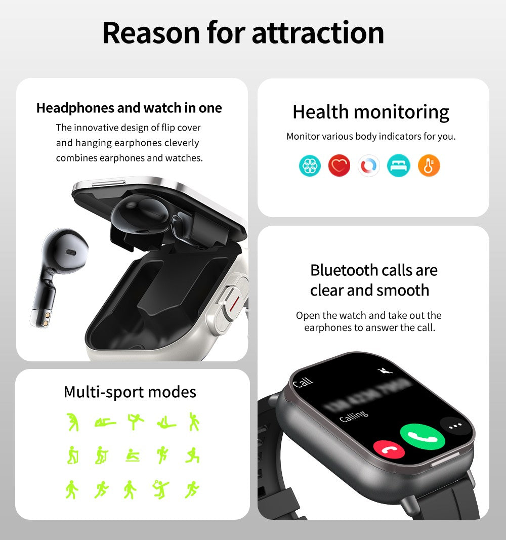 Smartwatch TWS 2 em 1 com fones de ouvido Relógio esportivo fone de ouvido Bluetooth Relógio de chamada Monitor de saúde masculino NFC Smartwatch feminino Fone de ouvido