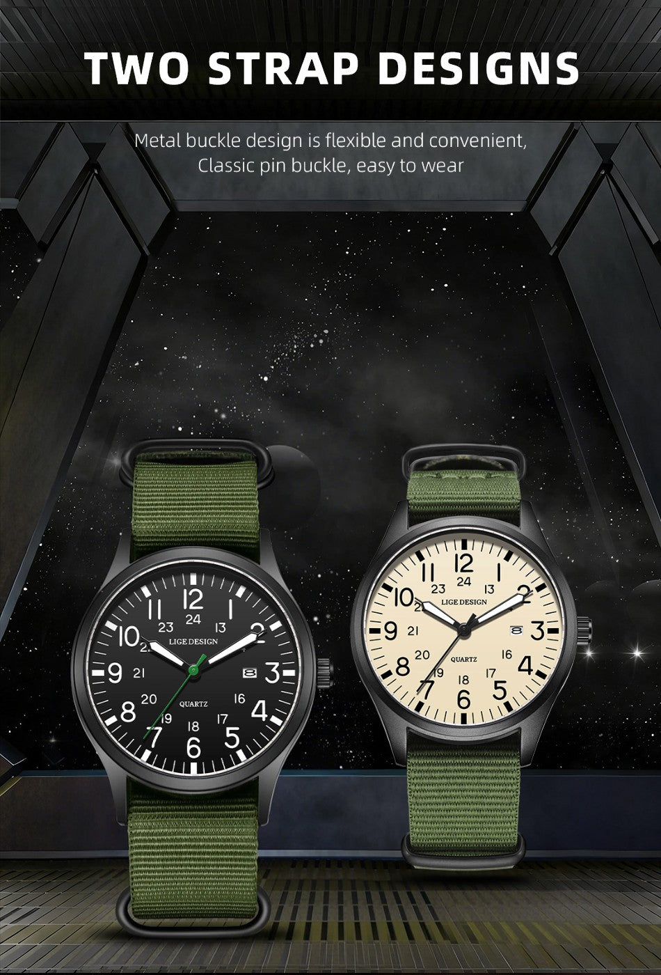 LIGE Top Brand Luxury Men Quartz Watch Date Nylon Leather Waterproof Luminous Military Sports Watches For Men relogios masculino