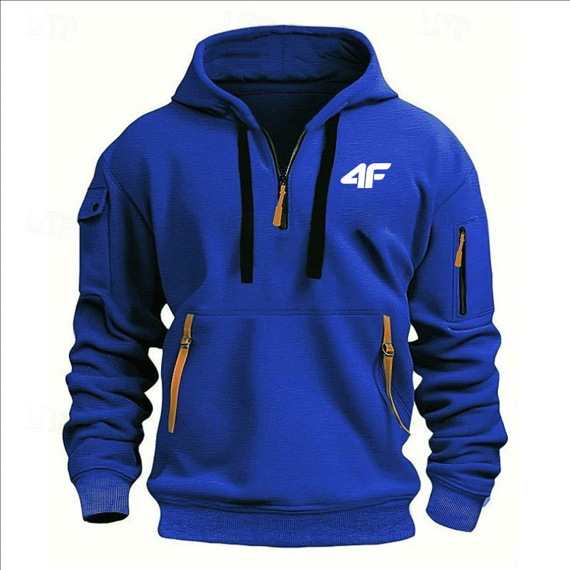 2025 Men's hooded sweater casual sports jumper vintage Harajuku long sleeve zipper multi-pocket casual loose coat Street