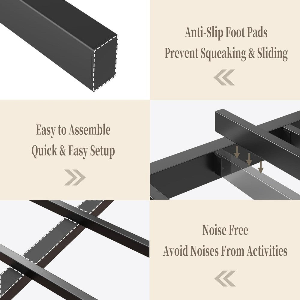 Bed Frame with LED Headboard & Built-in USB Charging Station,Linen Upholstered Backrest Metal Bed with Shelves,Under Bed Storage
