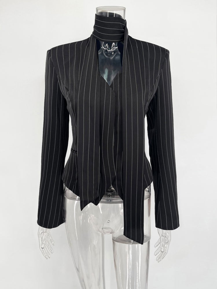 Tossy Elegant Female Striped Suit Coat For Women Scarf Lace-Up Patchwork V-Neck Long Sleeve Luxury Outwear Female Jackets Coat