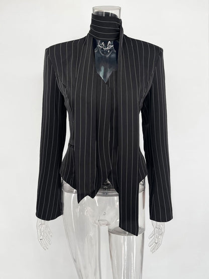 Tossy Elegant Female Striped Suit Coat For Women Scarf Lace-Up Patchwork V-Neck Long Sleeve Luxury Outwear Female Jackets Coat