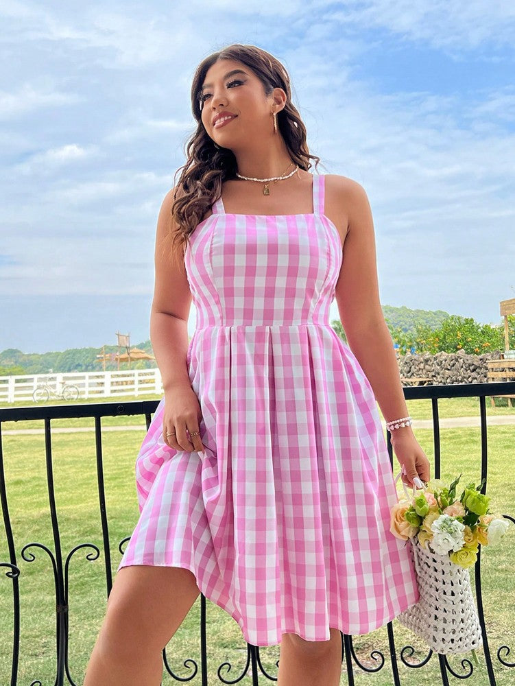 Plus Size Spring/Summer New Arrival Strapless Backless Dress Full Skirt Hem Holiday Beachwear Pink Checkered Dress