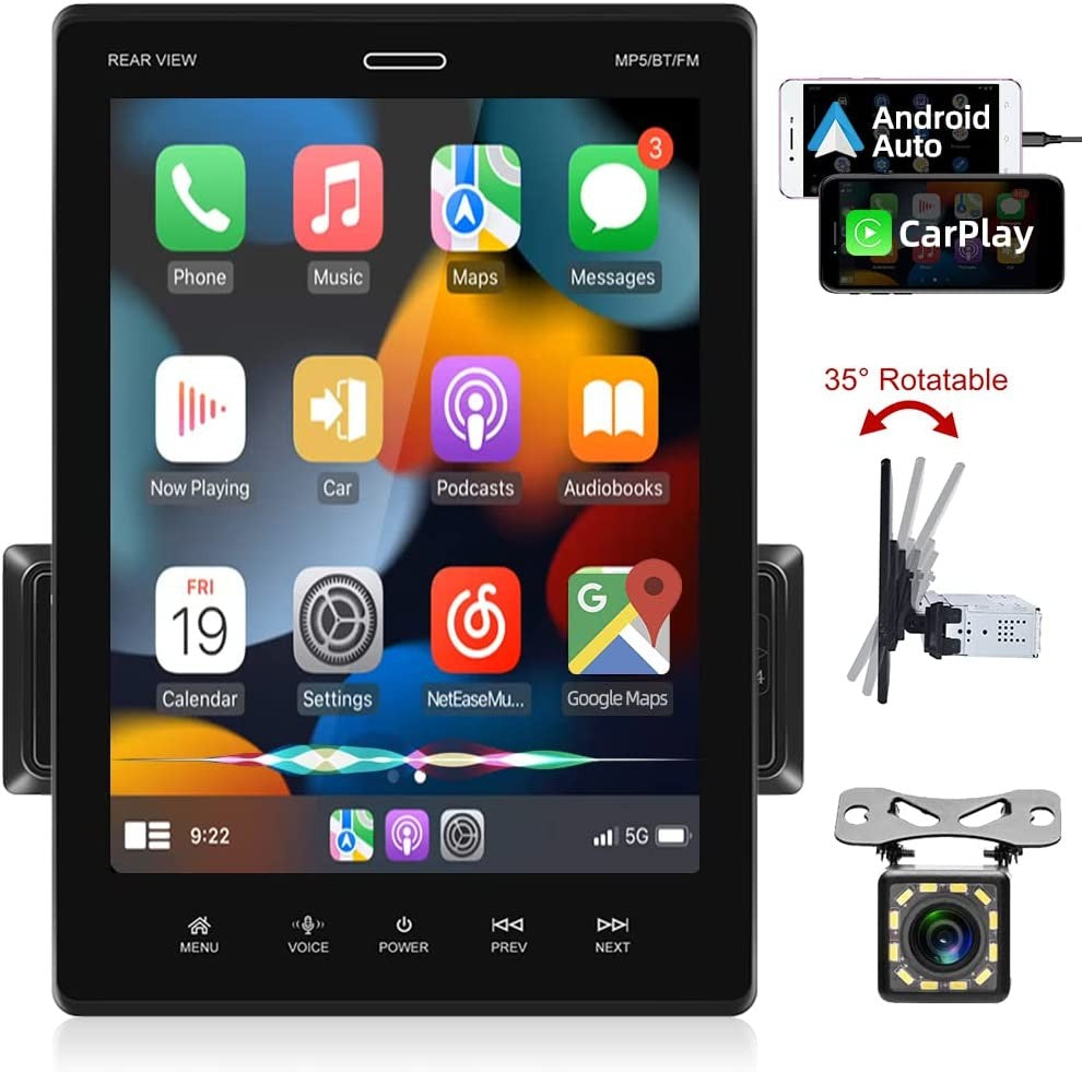 ESSGOO 10.4" Car Stereo Single DIN Wireless CarPlay Android Auto Rotatable Touch Screen Bluetooth GPS Nav Radio Player Head Unit