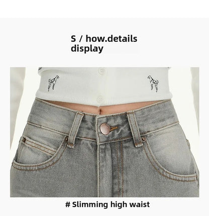 Gray American High Street Wide Leg Jeans Women Loose Drapey Slim Straight Floor-Length Pants High Waist Button Decoration