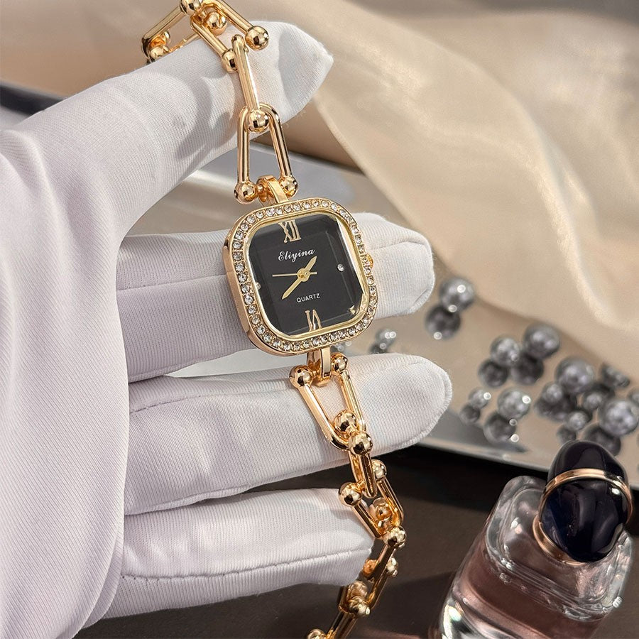 Luxury Minimalist Bracelet Watch Creative Square Multi-Faceted Glass Quartz Movement Chain Mid-century Small High-End Acces