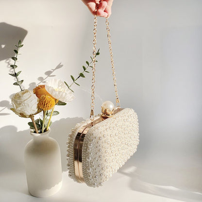 Luxury Crystal Pearl Beaded Evening Clutch Handbag Lady Elegant Wedding Purse Women Oval Shaped Crossbody Chain Bag