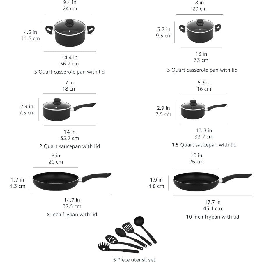 Conjunto de Panelas e Utensílios de Cozinha Antiaderentes com 15 Peças para Culinária Doméstica Não Compatível com Fogões de Indução Inclui Panelas Frigideiras Resistentes e Utensílios Essenciais