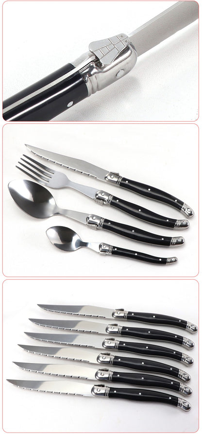 Jaswehome 24 peças Talheres Laguiole com Cabo Preto Conjunto de Facas de Bife Elegante Kit de Talheres Profissional