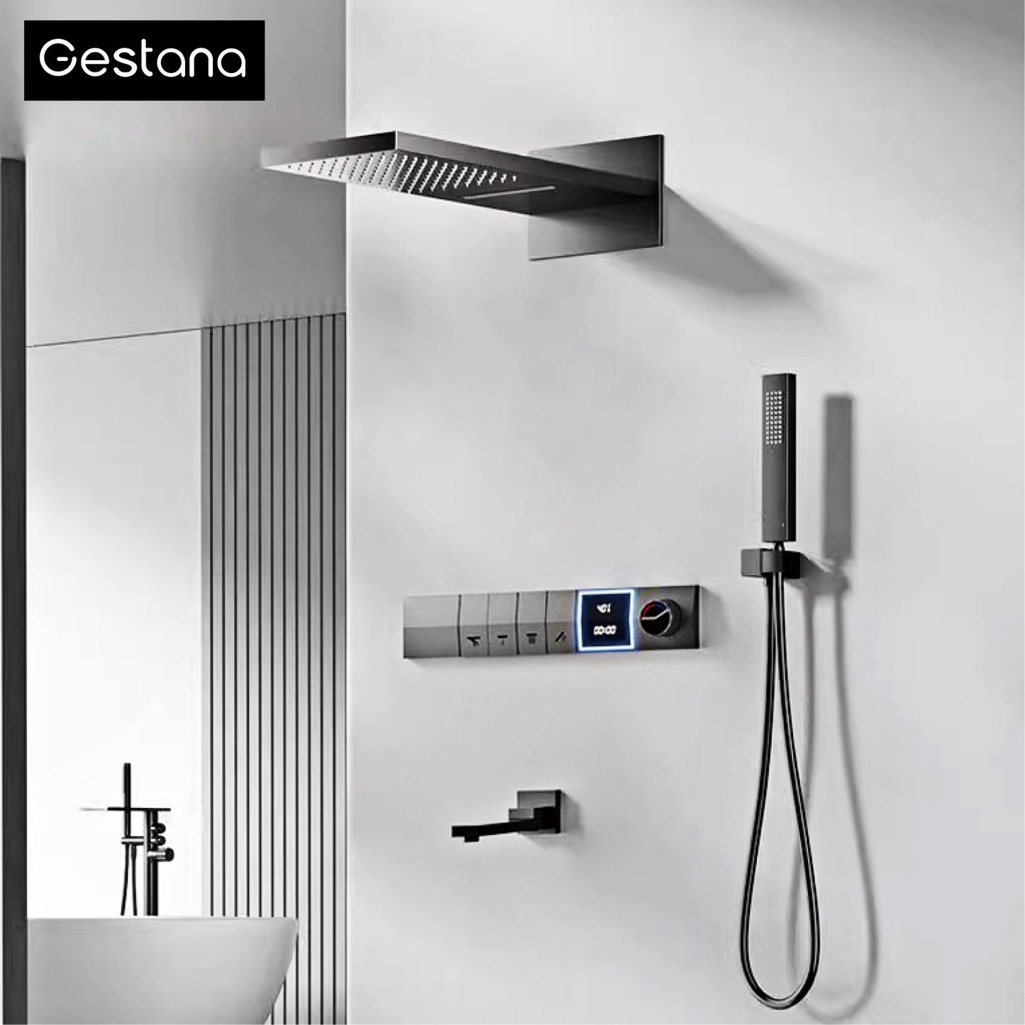 Sistema de chuveiro de parede com temperatura constante em latão cinza chumbo, montado na parede, com display digital LED, torneira de banheiro com água quente e fria