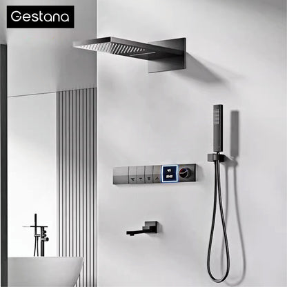 Sistema de chuveiro de parede com temperatura constante em latão cinza chumbo, montado na parede, com display digital LED, torneira de banheiro com água quente e fria