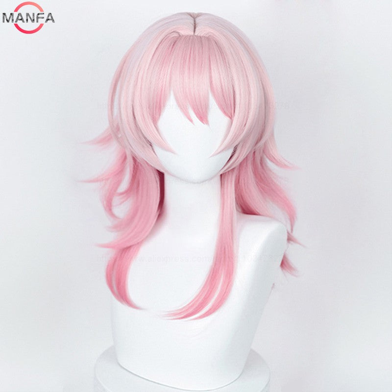 HSR March 7th Cosplay Wig 50cm Long Pink Gradient Wigs Heat Resistant Synthetic Hair Halloween Party