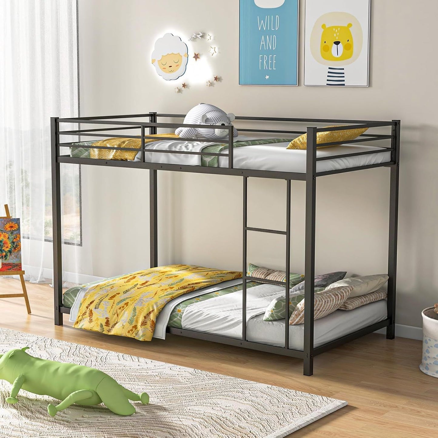 Metal Bunk Bed Twin Over Twin, Low Profile Bunk Bed Frame with Ladder & Full Length Guardrail, Space-Saving Twin Size Be