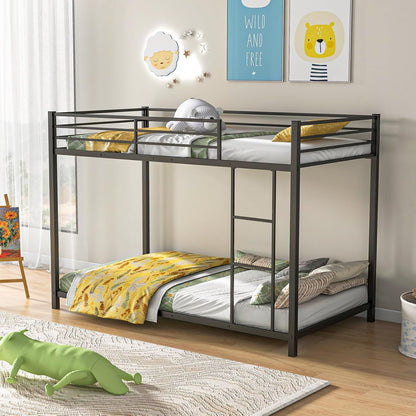 Metal Bunk Bed Twin Over Twin, Low Profile Bunk Bed Frame with Ladder & Full Length Guardrail, Space-Saving Twin Size Be