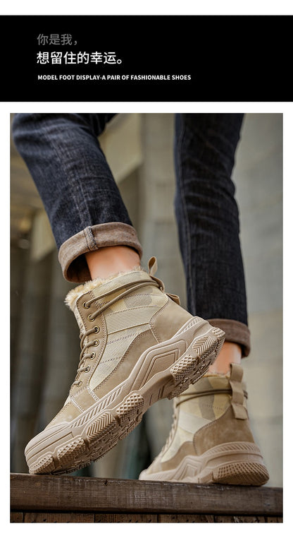 Winter Fleece Warm High-top Men's Shoes Trendy Casual Outdoor Solid Color Mid-top Fashionable Round Toe Plus-size Snow Boots