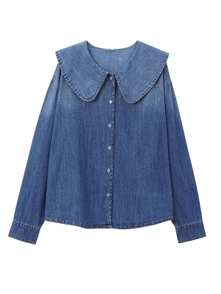 DiYiG  WOMAN 2024 Autumn and Winter New Fashion Lazy Style Denim Shirt Chic Doll Collar Button Versatile Top Blouses Mujer