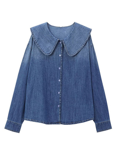 DiYiG  WOMAN 2024 Autumn and Winter New Fashion Lazy Style Denim Shirt Chic Doll Collar Button Versatile Top Blouses Mujer