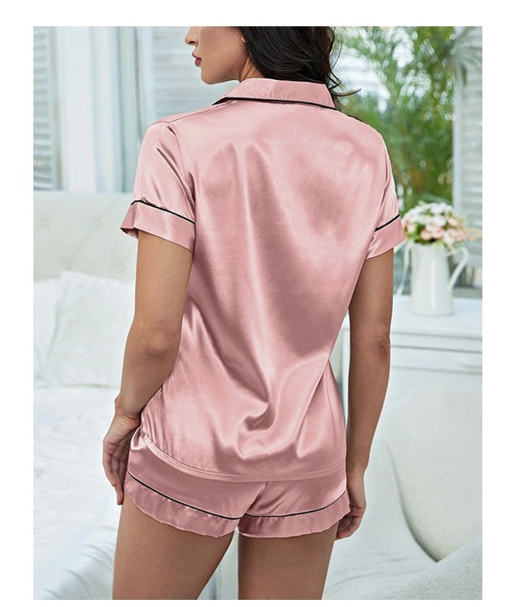 Luxurious Satin Pajama For Women Turn-down Collar Button Top & Shorts Sleepwear & Loungewear for Summer Home Clothes Suit