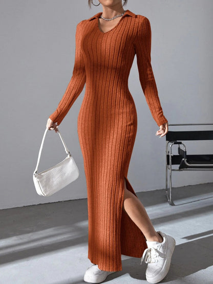 Spring and summer 2024 new style knitted slim lapel long sleeve dress pit strip solid color tight skirt