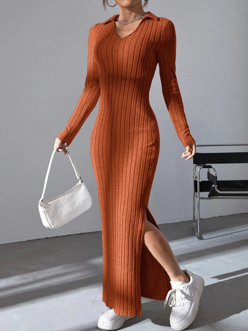 Spring and summer 2024 new style knitted slim lapel long sleeve dress pit strip solid color tight skirt