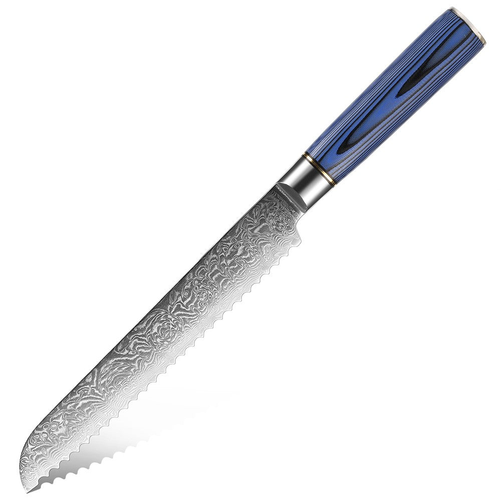 Conjunto de Facas de Cozinha 1-7 Peças, Aço Damasco Ultra Afiado para Chefe, Pão, Santoku, Desossar, Utilitárias, Lâmina com Padrão de Rosa Cabo G10 Azul