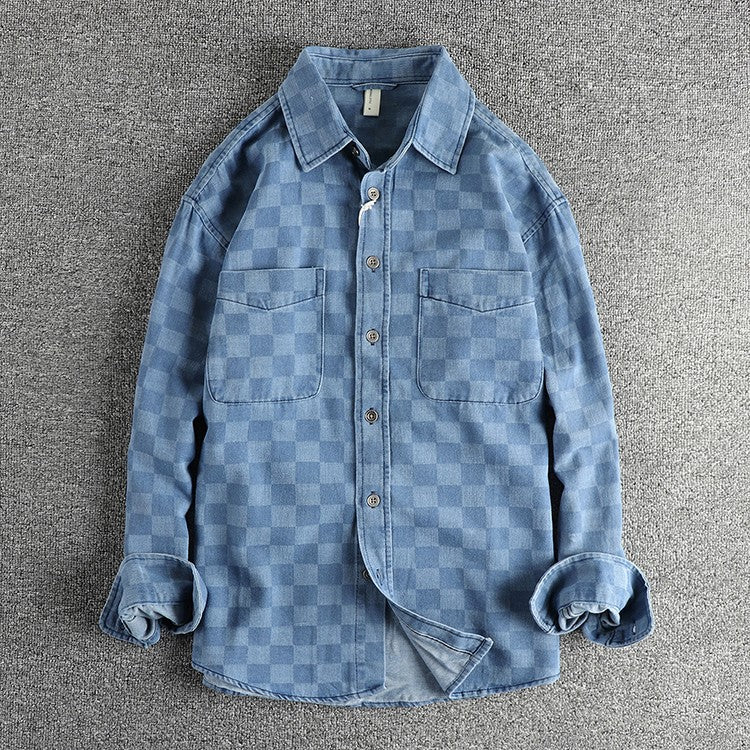 Spring Japanese Retro Long Sleeve Lapel Denim Plaid Cargo Shirts Men's High Street 100% Cotton Washed Loose Casual Thin Jacket