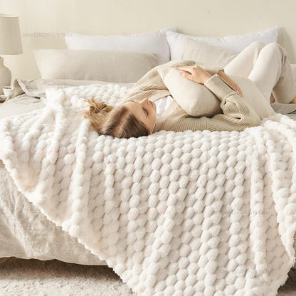 Manta de Tricô Branca Creme Felpuda Decorativa 3D Jacquard Flanela Fleece Super Macia de Pelúcia Aconchegante para Sofá Cadeira