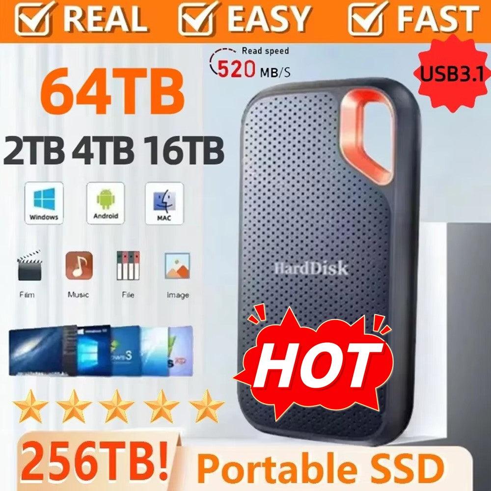 SSD Portátil de Alta Velocidade 256 TB Unidade de Estado Sólido Externa 1 TB 2 TB Disco Rígido Externo 4 TB Disco Rígido Externo para Laptop Mac Telefone
