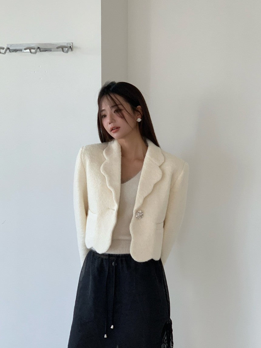 High-end Unique Button-down Woolen Cropped Coat Women Fall Winter Black White Jacket Vintage Design Long Sleeve Coats 2025