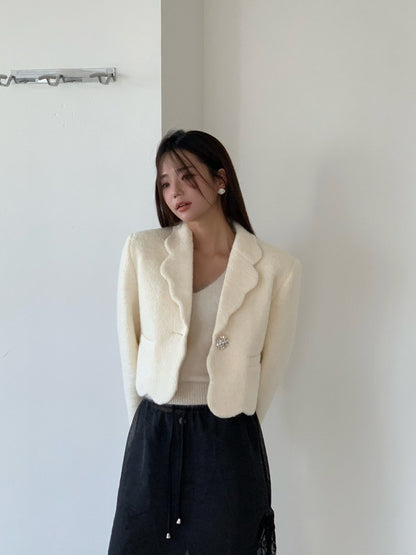 High-end Unique Button-down Woolen Cropped Coat Women Fall Winter Black White Jacket Vintage Design Long Sleeve Coats 2025