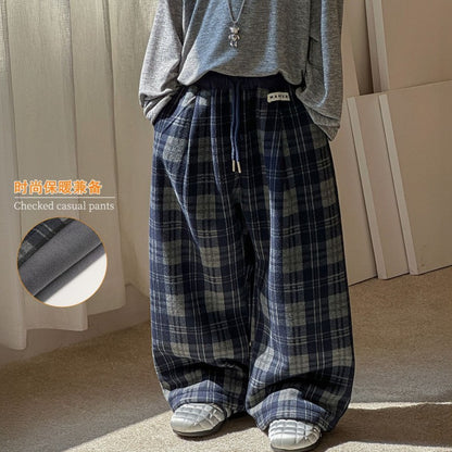 2025 Autumn Winter Cotton Boys Casual Pants Children Fleece-Lined Kids Plaid Loose Long Trouser Soft Warm 3-12 Years Outfit
