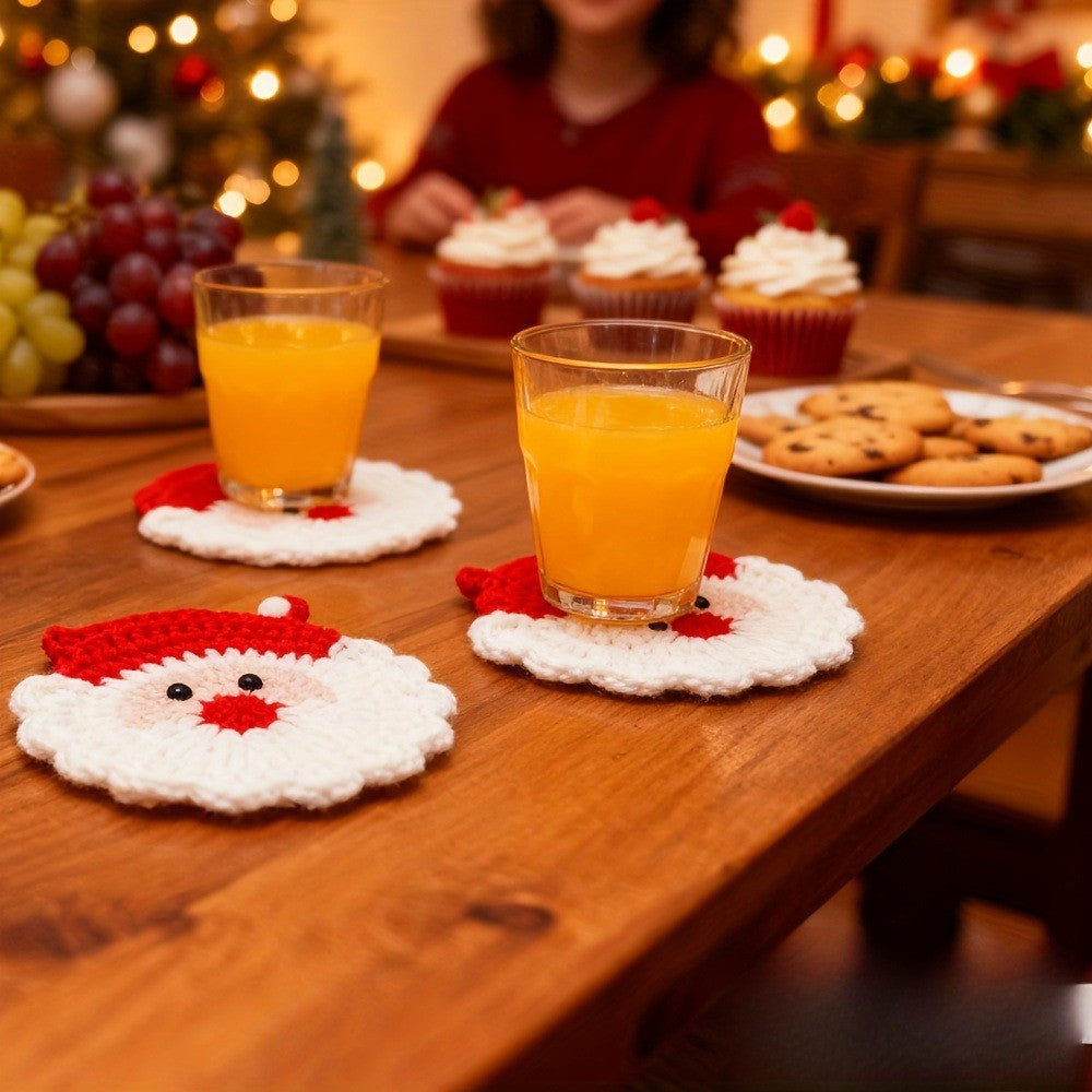 Handmade Crochet Santa Coasters Heat Resistant Drink Mats Uses for Holiday Table Decor Christmas Gift