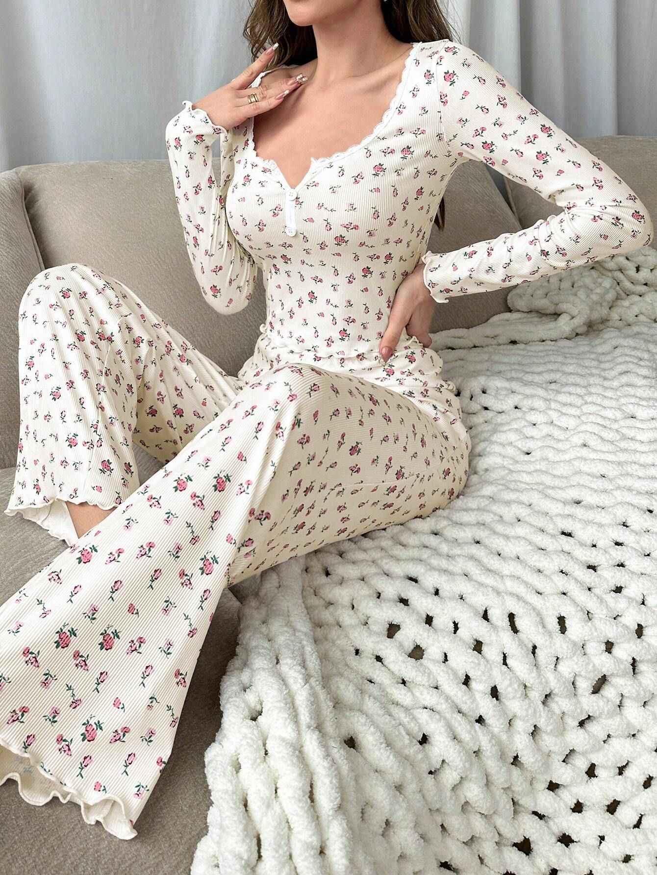Autumn Winter Pajamas Set Women Sleepwear Floral Print Lettuce Trim Top with Long Pant Lovely Loungewear Full Sleeve Nightwear