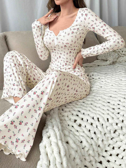 Autumn Winter Pajamas Set Women Sleepwear Floral Print Lettuce Trim Top with Long Pant Lovely Loungewear Full Sleeve Nightwear