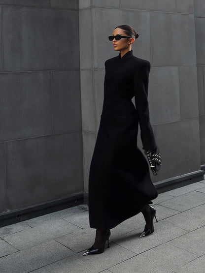 Black Tailored Long Coat Women Elegant Asymmetric Button Front Pockets Full Sleeve Criss-cross Neck Jacket 2025 Casual Outerwear