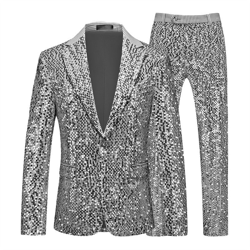 High-quality Sequined Suits Men Clothing Gold / Silver Autumn / Winter New Male Wedding Banquet Party Dress Blazer and Pant
