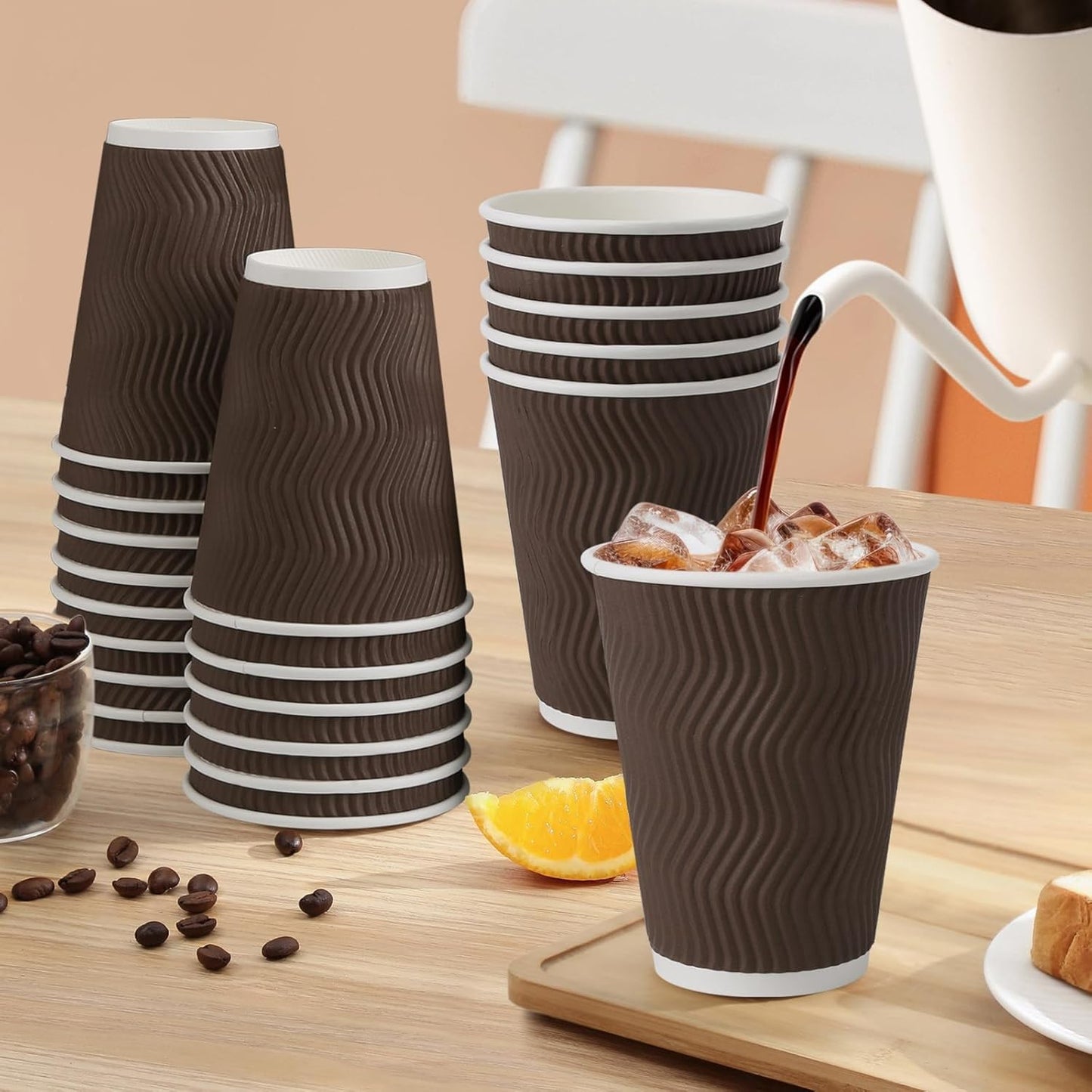 Copos de Café Descartáveis de 350 ml, 100 Unidades, Copos de Papel Térmicos, Copo de Papel com Parede Ondulada Corrugada, Quente/Frio D