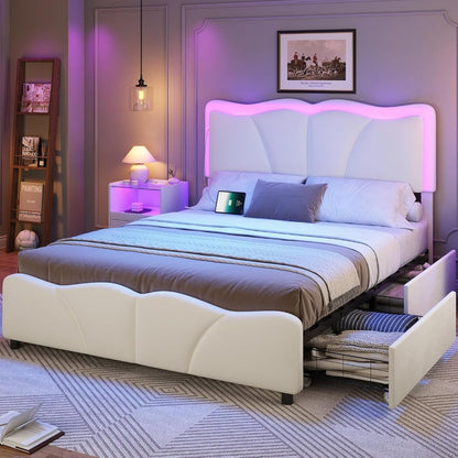 Estrutura de Cama Queen com 4 Gavetas de Armazenamento e Luzes LED, Estrutura de Cama Plataforma Estofada em Veludo com Cabeceira Ajustável em Altura