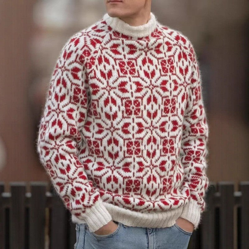 New Style Simple Retro Fresh Jacquard Sweater Loose Street Pullover Contrast Color Long Sleeve Knitted