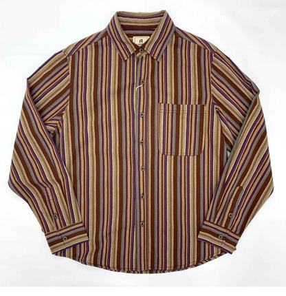 Amikaki Ethnic Style Men's Pure Cotton Colorful Stripes Shirt Loose Ancient Cargo Long Sleeved Shirt Jacket With Chest Pocket