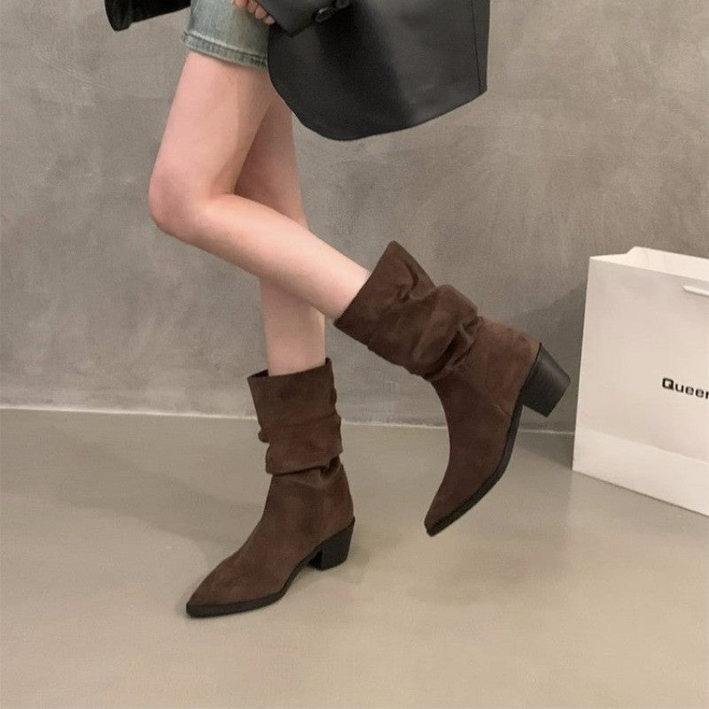 Vintage Pointed Toe Women Ankle Boots Fashion Elegant Soft Suede Shoes Autumn Winter Low Heel Women's Short Booties D423