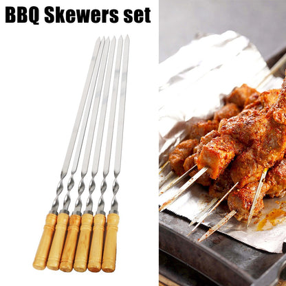 6Pcs Long Handle Shish Kebab Wood BBQ Fork Stainless steel Outdoors Grill Needle Barbecue Grill Stick 55cm 21.65" BBQ Skewers